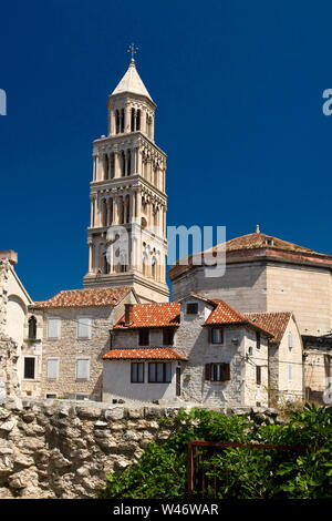 Diocletian's Palace, 4th century Roman fortress ruins, UNESCO World Heritage Site, Cathedral of St. Dominus Bell Tower, Central Dalmatia, Split; Croat Stock Photo