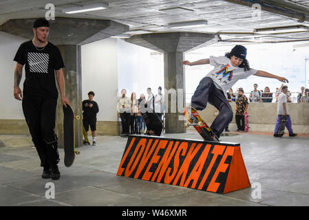London, UK.  20th July 2019.   Keen skateboarders perform their moves at the Southbank Undercroft skate park which has re-opened today after a GBP1.1m facelift and extension.  Known as the 'home of British skateboarding', improved lighting, concrete banks and a 426 sq.m extension allows more people to use the free facility.  Credit: Stephen Chung / Alamy Live News Stock Photo