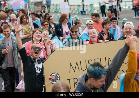 Brighton, East Sussex, 20th July 2019. Trans Pride march from the Marlborough pub to Brunswick Square Gardens, Brighton. Trans Pride Brighton has been running since 2013, and is the biggest Trans Pride event in Europe to support the rights of trans, non-binary, intersex, gender-variant and gender-queer people. Stock Photo