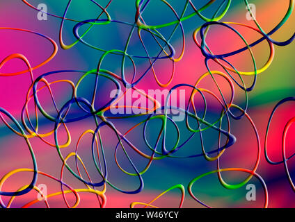 The bright  multicolored gradient background is covered with intersecting curved ovals in  iridescent  red, blue, green, yellow shades Stock Photo