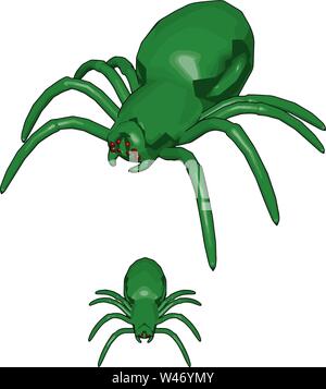 Green 3d spiders, illustration, vector on white background. Stock Vector