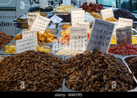 Rotterdam Netherlands, June 29, 2019. Dry fruits and nuts variety in a store in Rotterdam markthal, closeup view