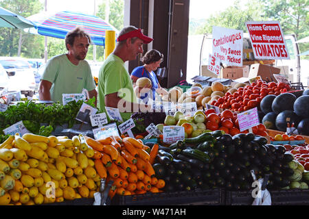 Local farmers tend to their stall and wait on customers at the North Carolina Farmers market in Raleigh. Stock Photo