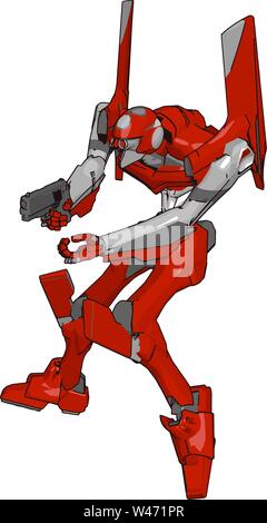 Red robot with gun, illustration, vector on white background. Stock Vector
