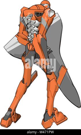 Orange robot with shield, illustration, vector on white background. Stock Vector