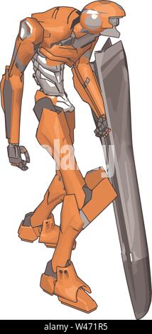 Orange robot with shield, illustration, vector on white background. Stock Vector