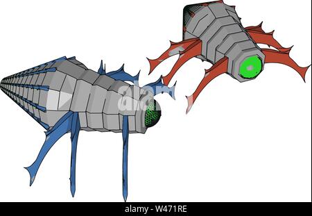 Cyborg bug with blue and red legs, illustration, vector on white background. Stock Vector