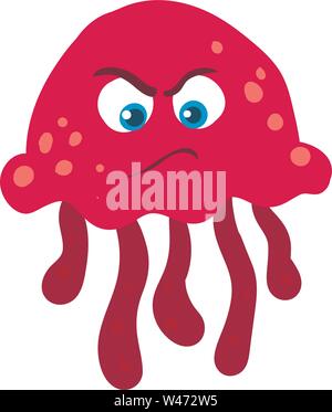 Angry pink jellyfish, illustration, vector on white background. Stock Vector