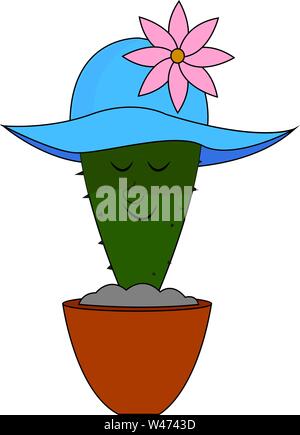 Cactus with blue hat, illustration, vector on white background. Stock Vector