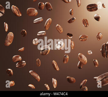 Black fried coffee beans falling down, 3d rendering Stock Photo