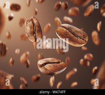 Black fried coffee beans falling down, 3d rendering Stock Photo