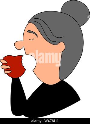 Old woman eating apple, illustration, vector on white background. Stock Vector