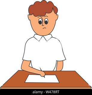 Boy doing paperwork, illustration, vector on white background. Stock Vector