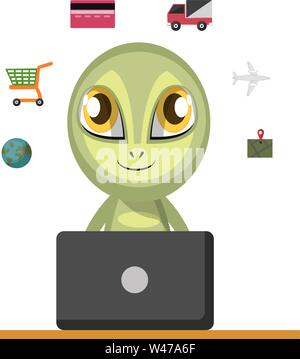 Alien working on laptop, illustration, vector on white background. Stock Vector