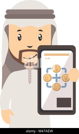 Arab with cellphone, illustration, vector on white background. Stock Vector