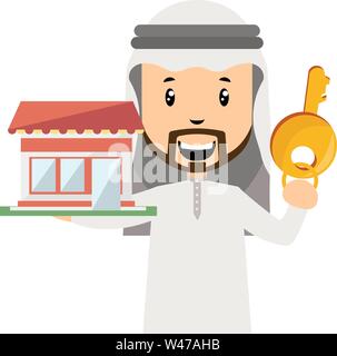 Arab with big key, illustration, vector on white background. Stock Vector