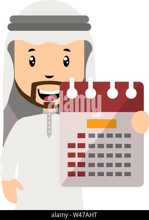 Arab with calendar, illustration, vector on white background. Stock Vector