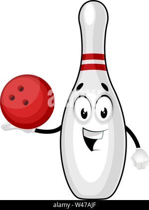 Bowling pin with bowling ball, illustration, vector on white background. Stock Vector