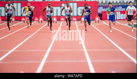 London, UK. 20th July, 2019. 100m Final during the IAAF Diamond League - Muller Anniversary Games - London Grand Prix 2019 at the London Stadium, Queen Elizabeth Olympic Park, London, England on 20 July 2019. Photo by Salvio Calabrese. Credit: UK Sports Pics Ltd/Alamy Live News Stock Photo