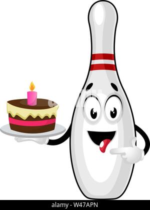 Bowling pin with birthday cake, illustration, vector on white background. Stock Vector