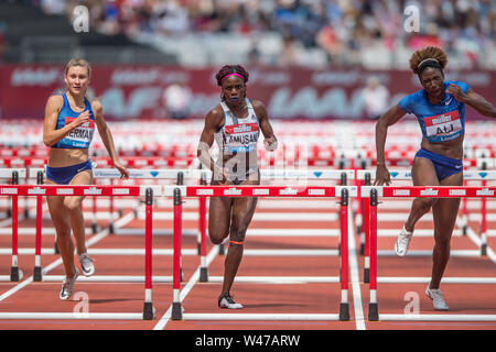 London, UK. 20th July, 2019. Tobi Amusan (NGR), Nia Ali (USA) and Elvira Herman (BLR), Women's 100m Hurdles (Diamond League) during the IAAF Diamond League - Muller Anniversary Games - London Grand Prix 2019 at the London Stadium, Queen Elizabeth Olympic Park, London, England on 20 July 2019. Photo by Salvio Calabrese. Credit: UK Sports Pics Ltd/Alamy Live News Stock Photo