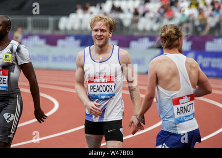 London, UK. 20th July, 2019. Johnny Peacock wins the Mens T64 100m during the Muller Anniversary Games - London Grand Prix 2019 at the London Stadium, Queen Elizabeth Olympic Park, London, England on 20 July 2019. Photo by Ken Sparks. Credit: UK Sports Pics Ltd/Alamy Live News Stock Photo