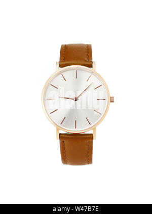 Classic women's gold watch with white dial, brown leather strap, isolate on a white background. Front view. Stock Photo