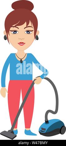Woman with vacuum cleaner, illustration, vector on white background. Stock Vector