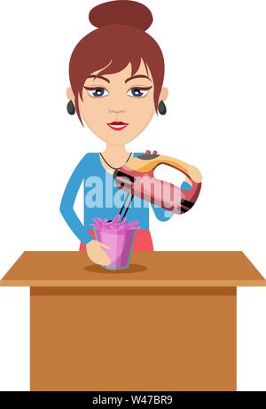 Woman making smoothie, illustration, vector on white background. Stock Vector