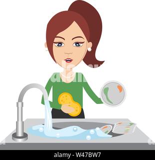 Woman washing dishes, illustration, vector on white background. Stock Vector