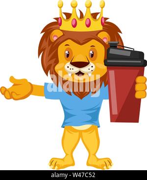 Lion with thermos, illustration, vector on white background. Stock Vector