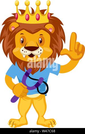 Lion with sling shot, illustration, vector on white background. Stock Vector