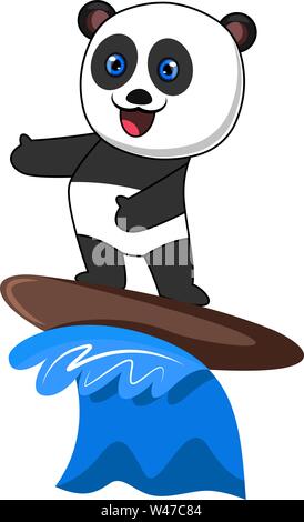 Panda surfing, illustration, vector on white background. Stock Vector