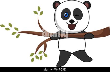Panda on a branch, illustration, vector on white background. Stock Vector