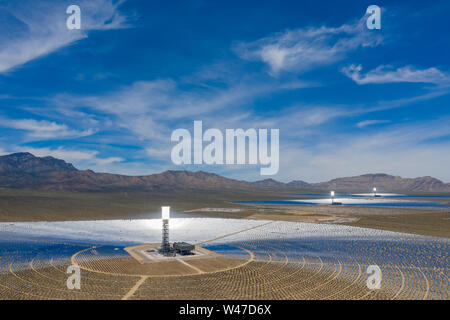 Aerial view of the solar tower of the Ivanpah Solar Electric Generating System at California Stock Photo