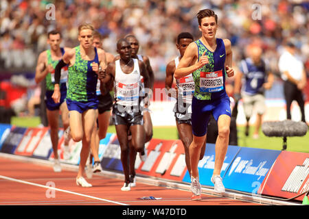London, UK. 20th July, 2019. Jakob Ingebrigtsen of Norway in action during the Men's 5000m. Muller Anniversary Games 2019, London Grand Prix at the London Stadium, Queen Elizabeth Olympic Park in London on Saturday 20th July 2019. this image may only be used for Editorial purposes. Editorial use only . pic by Steffan Bowen/Andrew Orchard sports photography/Alamy Live news Credit: Andrew Orchard sports photography/Alamy Live News Stock Photo