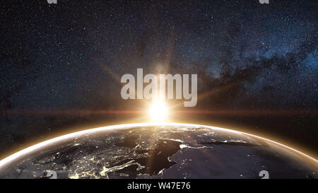 Sunrise view from space on Planet Earth. World rotating on its axis in black Universe in stars. Cities Lights at Night. High detailed 3D Render animation. Elements of this image furnished by NASA Stock Photo
