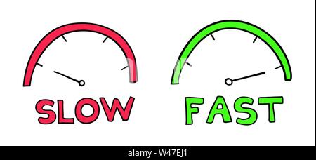 Vector hand-drawn illustration of speedometers. Slow and fast. Black outlines and colored. Stock Vector