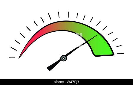 Vector hand-drawn illustration of speedometer. Black outlines and colored. Stock Vector
