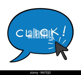 Vector hand-drawn illustration of speech bubble with click word and mouse cursor is clicking. Black outlines and colored. Stock Vector