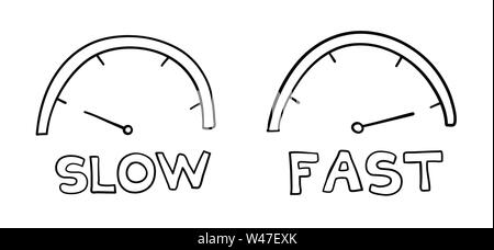 Vector hand-drawn illustration of speedometers. Slow and fast. Black outlines and white background. Stock Vector