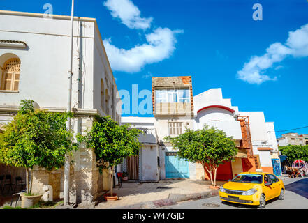 Cityscape with colorful street in residential district of Nabeul.Tunisia, North Africa Stock Photo