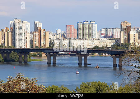 Landscape view of Dnipro river and its Left bank on the over side with new buildings in residential areas, Kyiv, Ukraine Stock Photo