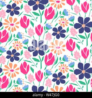Cutout style flowers seamless vector pattern. Stock Vector