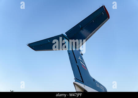 Soviet plane tail details at VDNKh exhibition center. Yak-42 showpiece in Moscow, Russia on April 2019 Stock Photo