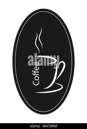 White outline of a Cup of coffee with steam against a dark oval. Flat design. Stock Vector