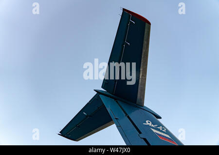 Soviet plane tail details at VDNKh exhibition center. Yak-42 showpiece in Moscow, Russia on April 2019 Stock Photo