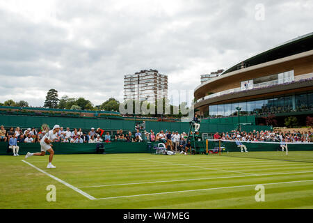 General View at with outside courts and No.1 Court at The Wimbledon Championships 2019. Held at The All England Lawn Tennis Club, Wimbledon. Stock Photo