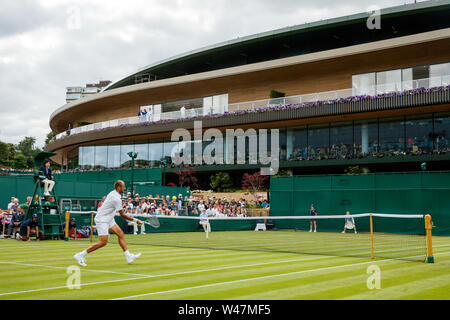 General View at with outside courts and No.1 Court at The Wimbledon Championships 2019. Held at The All England Lawn Tennis Club, Wimbledon. Stock Photo