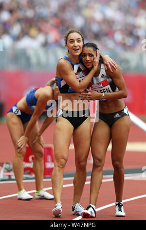 London, UK. 20th July 19. Emily DIAMOND (Great Britain) and Laviai NIELSEN (Great Britain), exhausted after competing the Women's 400m Final at the 2019, IAAF Diamond League, Anniversary Games, Queen Elizabeth Olympic Park, Stratford, Credit: Simon Balson/Alamy Live News